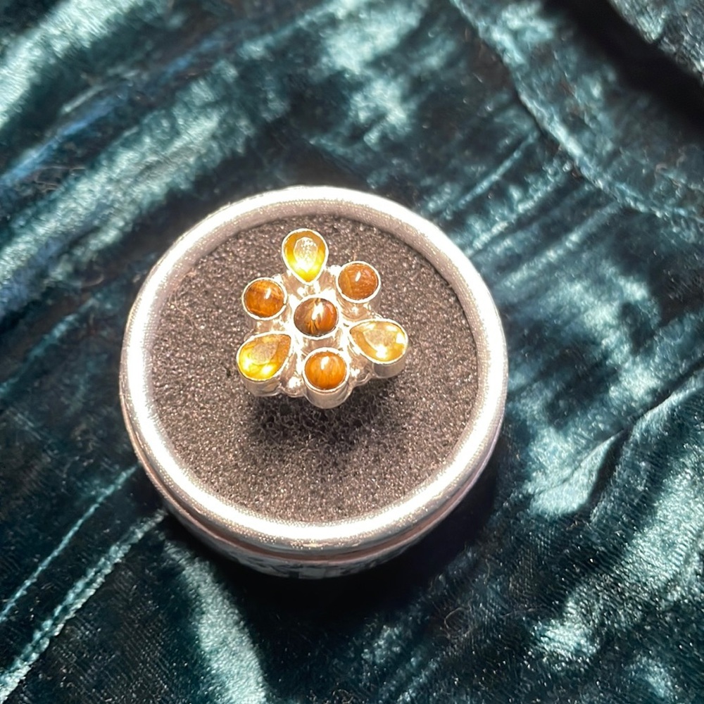Catseye and citrine silver ring, size 9